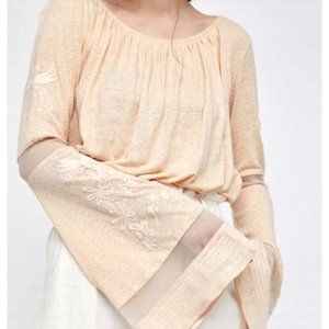 Free People Women Small Linen Blend Top Embroidery Bell sleeve Pullover